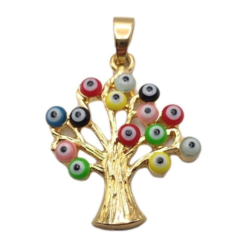 Evil Eye Hamsa Tree Of Life Pendant Lucky Protection Gold Tone Signed JH Vintage